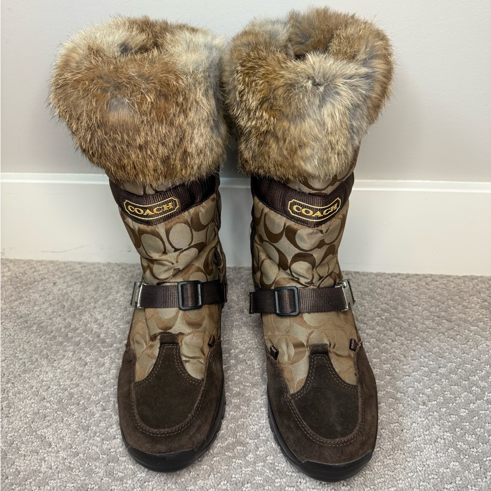 Coach Tan and Brown Rabbit Fur-Trimmed Boots